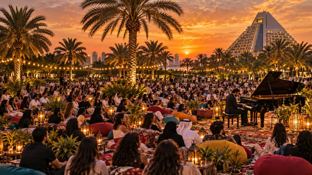 Concept illustration of a grand piano and visitors on the High Five garden lawn at sunset